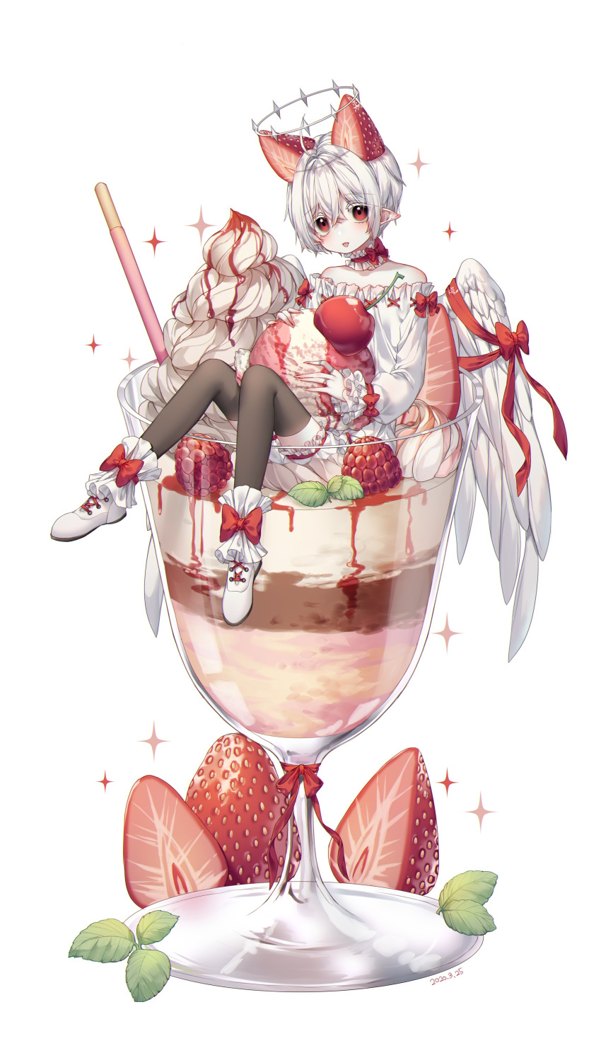 1boy :p absurdres ahoge androgynous angel angel_wings ankle_bow bad_id bad_twitter_id bare_shoulders black_thighhighs bloomers bow cherry commentary cross-laced_footwear cup eyes_visible_through_hair feathered_wings food food_focus fruit hair_between_eyes halo highres ice_cream_scoop in_container in_cup in_food jewelry leaf long_sleeves looking_at_viewer male_focus neck_garter original otoko_no_ko parfait pocky pointy_ears raspberry red_bow red_eyes red_ribbon ribbon ring shiro_albino shoes short_hair simple_background sitting solo sparkle strawberry strawberry_pocky symbol-only_commentary syrup thighhighs tongue tongue_out underwear whipped_cream white_background white_footwear white_hair white_wings wing_ribbon wings wrist_bow