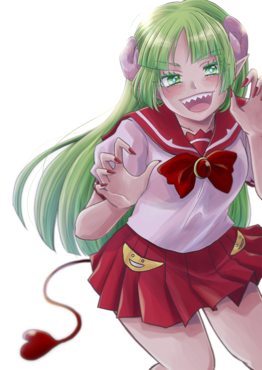 blush demon_girl female furrowed_brow green_eyes green_hair hachicoro93 highres horns mairimashita!_iruma-kun open_mouth pointy_ears red_nails red_skirt sailor_collar sharp_teeth shirt skirt smile tail teeth valac_clara white_background white_shirt