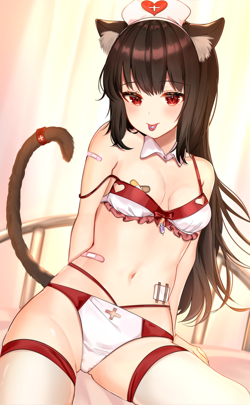 adapted_costume animal_ears bandaid bandaid_on_arm bandaid_on_stomach bandaids_on_nipples bikini breasts brown_hair cat_ears cat_tail commentary_request detached_collar female frilled_bikini frills hat heart highres katsushika_pachi layered_bikini long_hair looking_at_viewer medium_breasts navel nurse_cap original pasties pill_on_tongue red_eyes solo strap_slip swimsuit tail thighhighs tongue tongue_out white_thighhighs