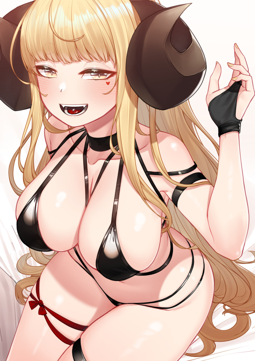 ahoge anila_(granblue_fantasy) arm_strap bare_shoulders bikini black_bikini black_choker blonde_hair blunt_bangs blush breasts choker cleavage collarbone draph fangs female granblue_fantasy heart heart_tattoo highres horns kourui large_breasts leg_ribbon long_hair looking_at_viewer navel open_mouth piercing red_ribbon ribbon sheep_horns short_eyebrows sitting skindentation smile solo swimsuit tattoo thick_eyebrows thigh_ribbon thigh_strap tongue_piercing very_long_hair yellow_eyes