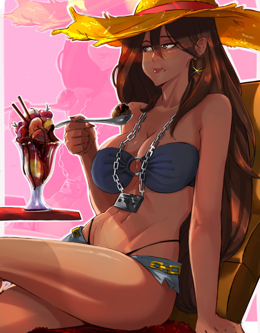 bikini bikini_top_only bikini_under_clothes breasts brown_hair cleavage commission dark-skinned_female dark_skin earrings eating female food hat highres hoop_earrings ice_cream jewelry large_breasts long_hair michiko_malandro michiko_to_hacchin o-ring o-ring_bikini o-ring_top solo straw_hat sundae swimsuit toned