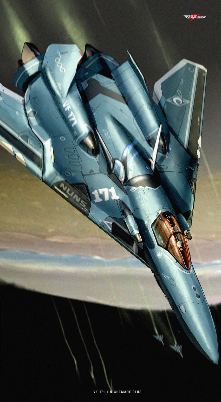 absurdres aircraft airplane asterozoa character_name commentary copyright_name energy_cannon english_commentary fighter_jet highres jet lights logo macross macross_frontier military military_vehicle n.u.n.s. no_humans planet realistic roundel science_fiction simple_background space variable_fighter vehicle_focus vf-171