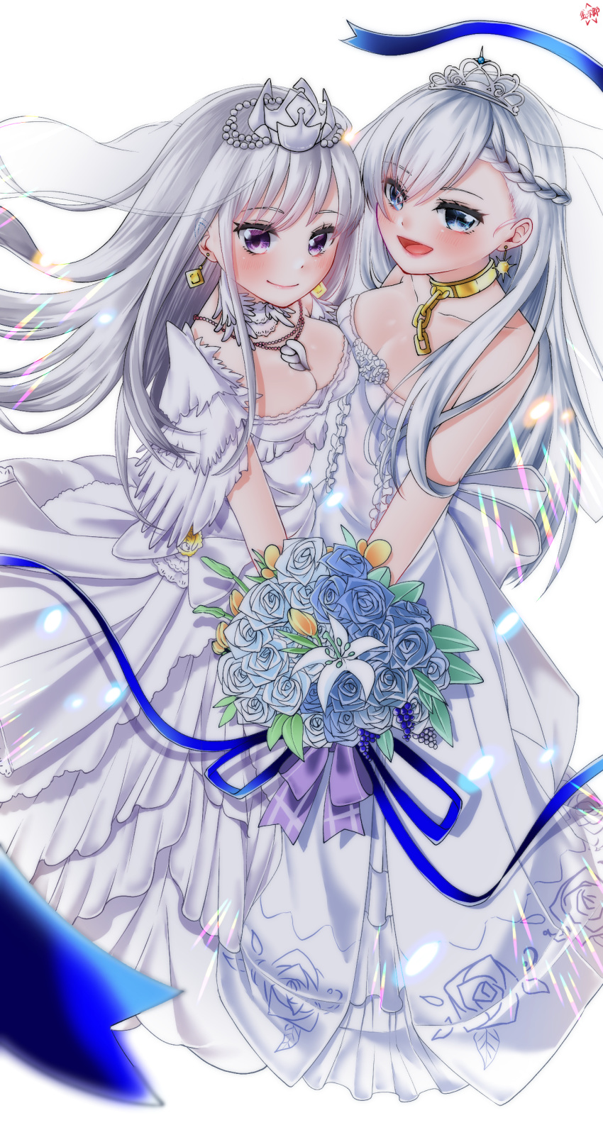 2girls absurdres azur_lane belfast_(azur_lane) belfast_(the_pledge_of_claddagh)_(azur_lane) blue_eyes bouquet braid breasts bridal_veil bride chains cleavage commentary_request dress enterprise_(azur_lane) enterprise_(starlight_oath)_(azur_lane) flower french_braid frilled_gloves frills gloves gold gold_chain highres holding holding_bouquet large_breasts long_hair looking_at_viewer maid_headdress mikuri_kamazirou multiple_girls neck_garter official_alternate_costume purple_eyes rose silver_collar sleeveless strapless strapless_dress tiara veil wedding_dress white_dress white_flower white_hair white_rose wife_and_wife yuri