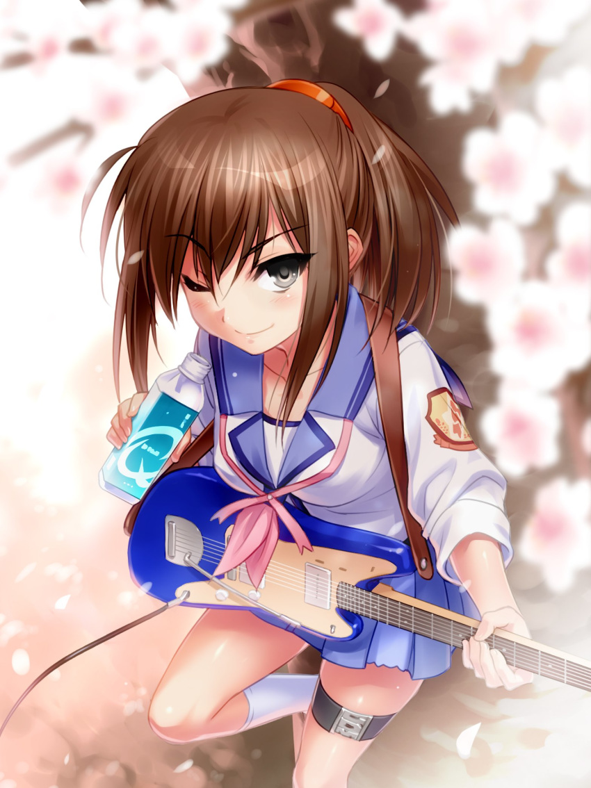 angel_beats! blue_sailor_collar blue_skirt bottle brown_eyes brown_hair cherry_blossoms commentary_request electric_guitar female fender_jazzmaster guitar highres hisako_(angel_beats!) instrument long_hair looking_at_viewer one_eye_closed pleated_skirt ponytail sailor_collar school_uniform serafuku shinda_sekai_sensen_uniform skirt sleeves_rolled_up smile solo standing zen_(kamuro)