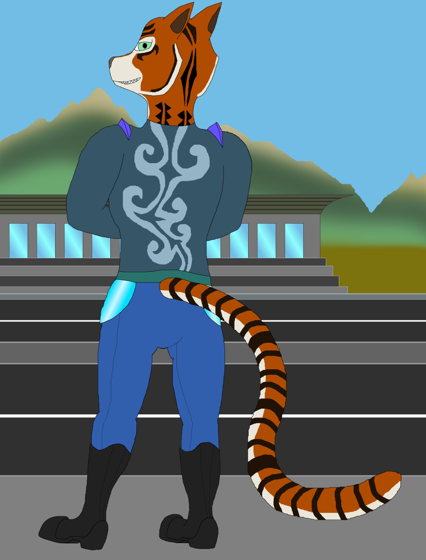 absurd_res anthro ass biker boots carnivoran clothing dalmas felid feline footwear hi_res male mammal muscular muscular_anthro muscular_male pantherine road shaigen_gurbadelen(oc) solo tiger tramway warrior