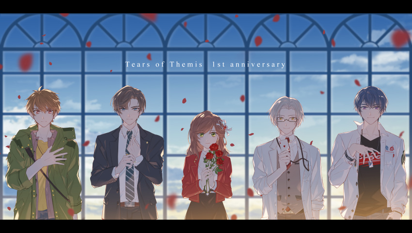 4boys absurdres artem_wing_(tears_of_themis) bandages black_jacket black_shirt blue_eyes blue_necktie blue_sky brown_eyes brown_hair brown_vest closed_mouth cloud cloudy_sky coat dog_tags female flower green_eyes green_jacket highres holding holding_flower jacket koeda_(k83_4) letterboxed long_hair long_sleeves looking_at_viewer luke_pearce_(tears_of_themis) marius_von_hagen_(tears_of_themis) multiple_boys necktie petals purple_eyes purple_hair red_flower red_jacket red_necktie red_rose rosa_(tears_of_themis) rose shirt short_hair sky stethoscope tears_of_themis vest vyn_richter_(tears_of_themis) white_coat white_hair white_jacket window yellow_eyes yellow_shirt