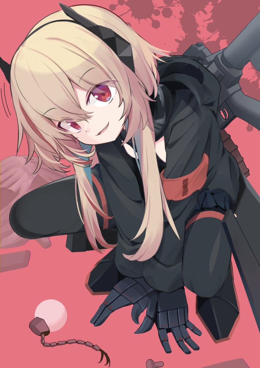 armband arms_between_legs assault_rifle black_hoodie black_skirt blonde_hair blood blood_splatter commentary_request female full_body girls'_frontline gun head_tilt highres hood hood_down hoodie long_hair long_sleeves looking_at_viewer m4_carbine m4_sopmod_ii m4_sopmod_ii_(girls'_frontline) ma40414 mechanical_arms mechanical_parts multicolored_hair pantyhose parted_lips red_background red_eyes red_hair rifle sidelocks skirt smile solo squatting streaked_hair weapon weapon_on_back