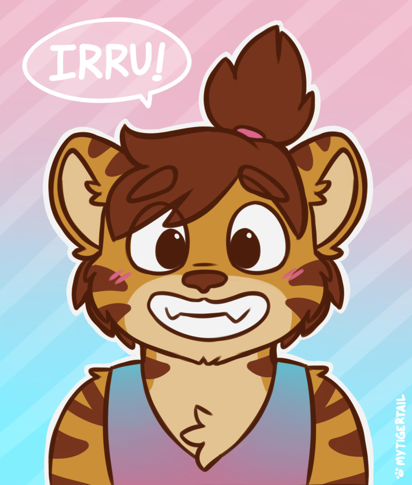 ambiguous_gender anthro blush brown_hair cheek_marks chibi clothed clothing curled_hair digital_media_(artwork) felid gabe_(mytigertail) hair headshot_portrait hi_res long_hair looking_at_viewer male mammal markings mytigertail open_mouth pantherine ponytail portrait portuguese_text shirt simple_background smile solo striped_markings stripes tank_top text tiger topwear