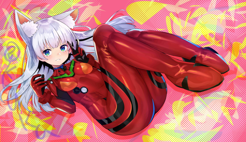 absurdres animal_ear_fluff animal_ears blue_eyes bodysuit breasts cosplay female full_body grey_hair hair_between_eyes highres kuka long_hair looking_at_viewer neon_genesis_evangelion original pilot_suit plugsuit red_bodysuit skin_tight small_breasts smile solo souryuu_asuka_langley souryuu_asuka_langley_(cosplay) v