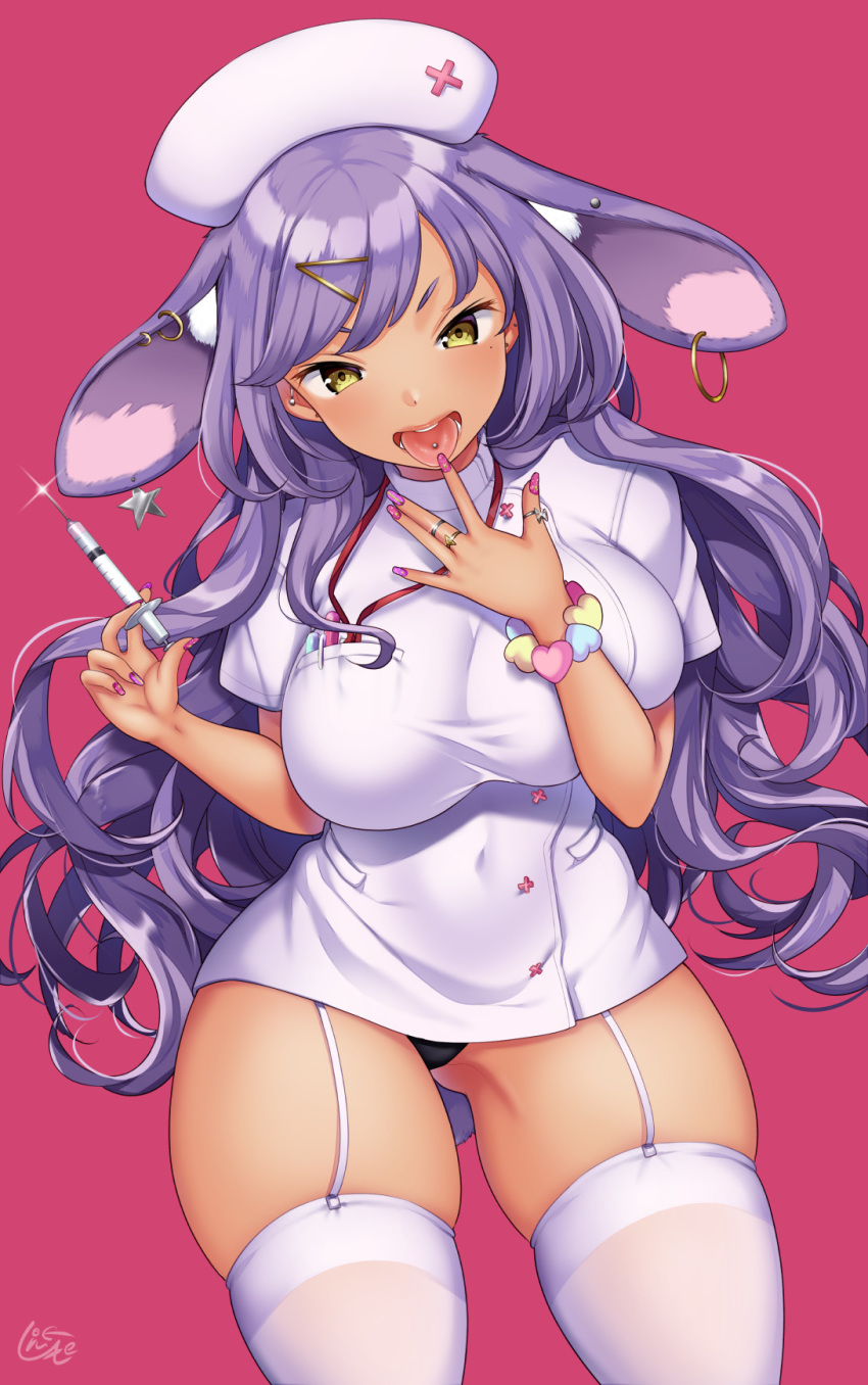 animal_ear_fluff animal_ears ass_visible_through_thighs black_panties blush breasts commentary_request covered_navel dark-skinned_female dark_skin dress ear_piercing earrings female garter_straps gyaru hat highres hoop_earrings jewelry kogal large_breasts lips long_hair looking_at_viewer miyano_ururu mole mole_under_eye nurse nurse_cap open_mouth original panties piercing purple_hair purple_nails rabbit_ears rabbit_tail red_background ring short_dress short_sleeves simple_background skindentation solo standing syringe tail thick_thighs thighhighs thighs thumb_ring tongue tongue_out tongue_piercing underwear white_dress white_garter_straps white_thighhighs yellow_eyes