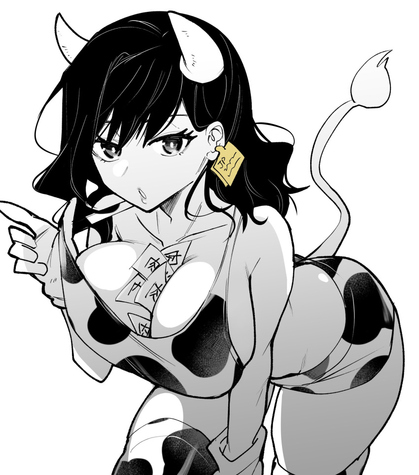 animal_print azu_(azu401) bad_id bad_twitter_id bent_over between_breasts breasts cleavage collarbone commentary coupon cow_girl cow_horns cow_print cow_tail cowboy_shot ear_tag eyelashes female gloves greyscale highres horns large_breasts leaning_forward lips looking_at_viewer medium_hair midriff monochrome original parted_lips short_shorts shorts simple_background solo standing strap_pull tail tank_top thighhighs thighs white_background