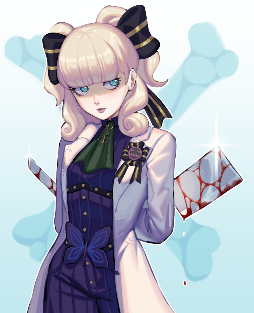 barley_juice blood blood_on_knife blue_eyes blunt_bangs bow butterfly_belt_buckle caduceus cleaver coat female gyakuten_saiban hairbow highres holding holding_cleaver holding_knife knife lab_coat lapels lips maria_gorey ribbon solo the_great_ace_attorney the_great_ace_attorney_2:_resolve white_coat white_hair