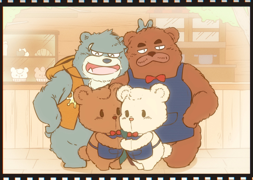 2023 absurd_res anthro apron bear bow_tie brew_(kumalino) brown_body closed_eyes clothing detailed_background drip_(kumalino) group hat headgear headwear hi_res kemono kumalino ma5ka4nai male mammal roast_(kumalino) sanrio scar syrup_(kumalino)