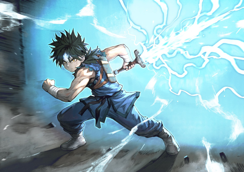 1boy avan_strash bandaged_wrist bandages black_hair commentary_request dai_(dragon_quest) dragon_quest dragon_quest_dai_no_daibouken facial_mark forehead_mark glowing highres holding holding_sword holding_weapon jun_(navigavi) lightning looking_at_viewer male_focus ponytail sheath short_hair sleeveless solo standing sword torn_clothes torn_sleeves weapon