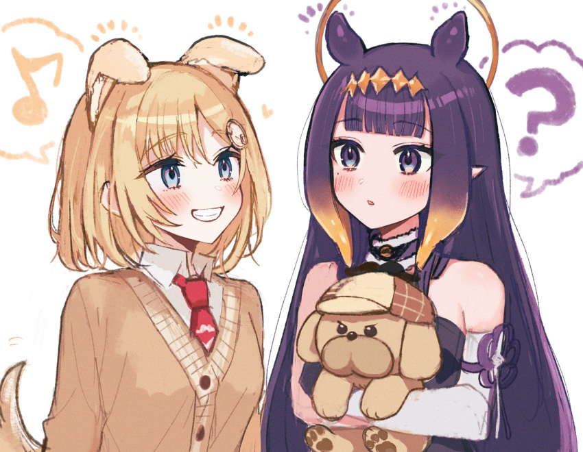 2girls ? animal_ears bad_id bad_twitter_id blonde_hair blue_eyes blush bubba_(watson_amelia) dog_ears dog_tail grin hair_ornament highres hololive hololive_english long_hair looking_at_another mole mole_under_eye multiple_girls musical_note necktie ninomae_ina'nis ninomae_ina'nis_(1st_costume) parted_lips pointy_ears purple_eyes purple_hair red_necktie short_hair smile speech_bubble spoken_musical_note spoken_question_mark tail tamawo_(mu_gi2) teeth tentacle_hair virtual_youtuber watson_amelia