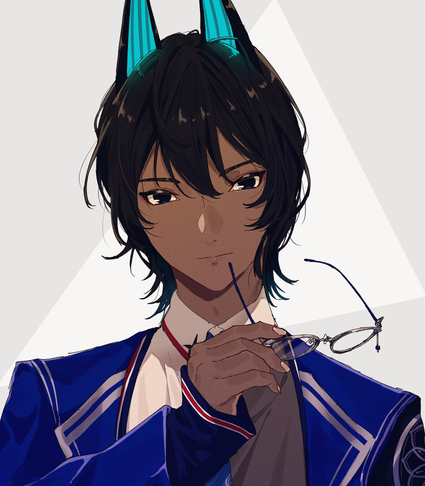 1boy :| arjuna_(fate) arjuna_alter_(fate) arjuna_alter_(student_council_president)_(fate) black_eyes black_hair blazer closed_mouth collared_shirt commentary_request dark_skin fate/grand_order fate_(series) formal fuka_(hk_nemo) glasses glowing_horns hair_between_eyes hand_up highres holding holding_removed_eyewear horns jacket light_smile looking_at_viewer male_focus official_alternate_costume portrait shirt short_hair smile solo straight-on unworn_eyewear white_shirt