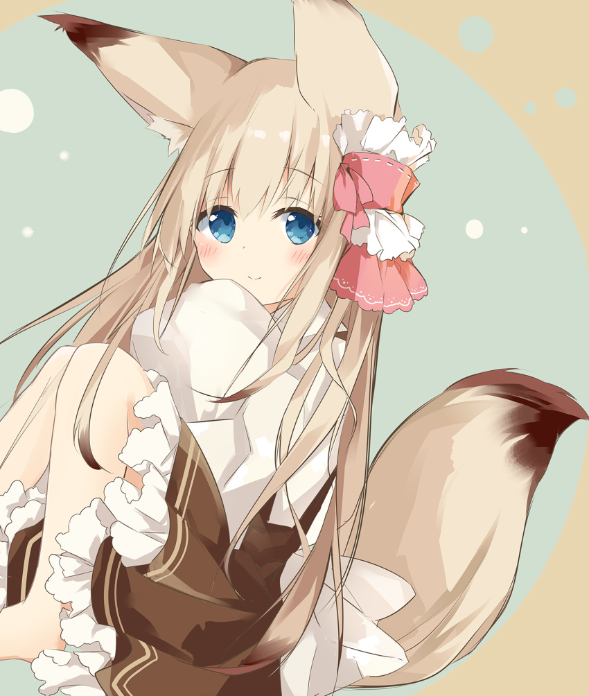 animal_ears barefoot blue_eyes blush brown_hair brown_skirt closed_mouth collared_shirt commentary_request female fox_ears fox_girl fox_tail frilled_skirt frills hair_between_eyes highres knees_up kushida_you long_hair looking_at_viewer original pleated_skirt shirt sitting skirt smile solo tail very_long_hair white_shirt