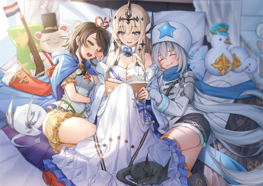 3girls absurdres alchemy_stars arm_hug armor bare_shoulders bed bethlehem_(alchemy_stars) black_hair blonde_hair blue_cape blue_eyes blue_scarf blush blush_stickers book breasts cape choker cleavage closed_eyes coat commentary_request curtains dragon dress dutch_flag fur_choker girl_sandwich green_eyes hair_ornament hair_spread_out hairband headpiece highres long_hair long_sleeves louise_(alchemy_stars) lying medium_breasts mittens multiple_girls noah_(alchemy_stars) off_shoulder on_bed on_side open_mouth pillow piyo_(pixiv_2308057) puffy_short_sleeves puffy_sleeves red_footwear rubbing_eyes sandwiched scarf shoes short_sleeves shorts shoulder_armor sidelocks small_breasts snowflake_print snowman star_(symbol) stuffed_animal stuffed_toy teddy_bear teeth thighhighs toy_gun turning_page very_long_hair white_coat white_dress white_hair white_headwear yawning