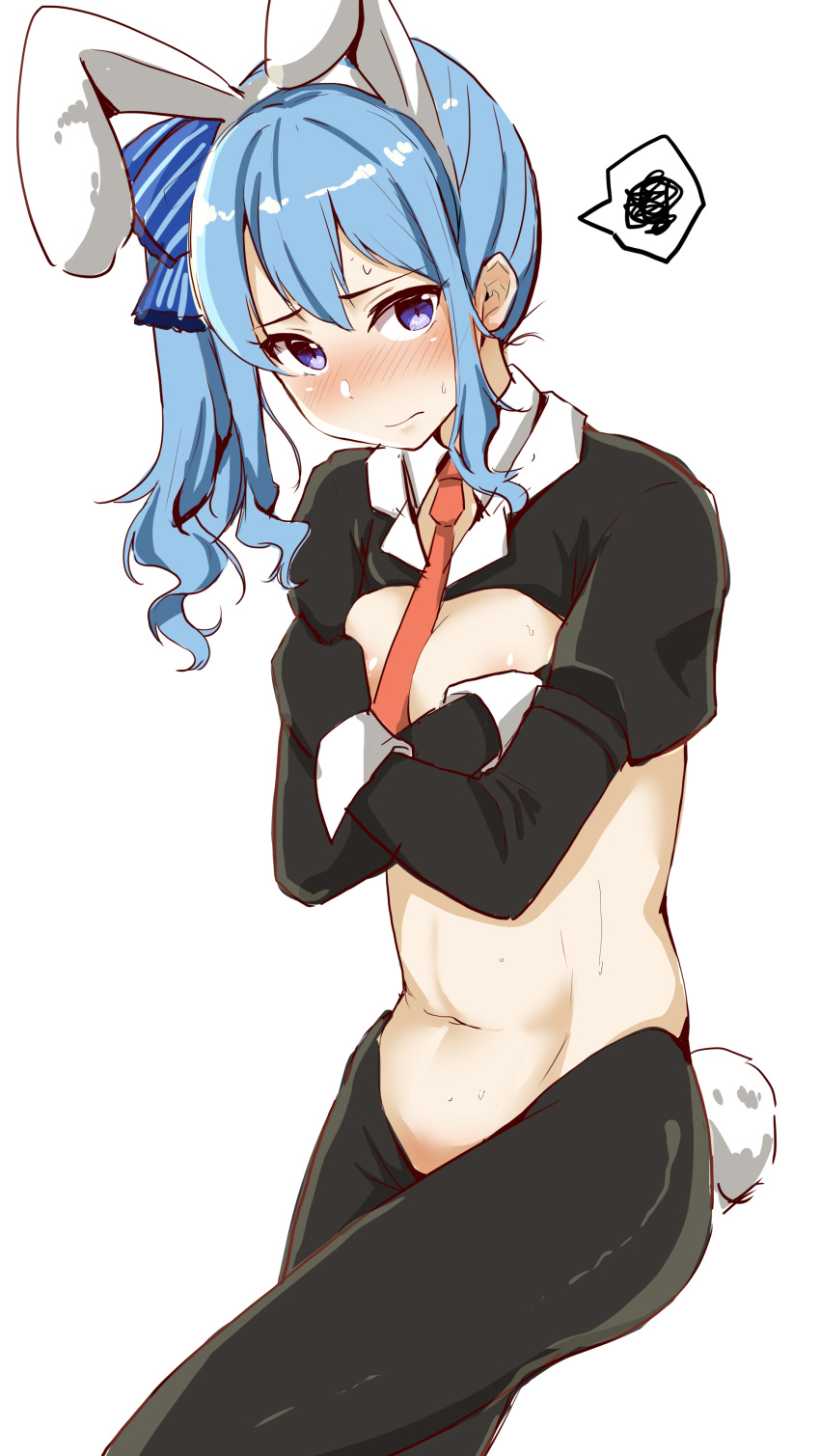 absurdres animal_ears black_gloves blue_eyes blue_hair blush breasts closed_mouth commentary_request covering_breasts covering_privates embarrassed fake_animal_ears fake_tail female gloves highres hololive hoshimachi_suisei long_sleeves medium_hair meme_attire navel necktie rabbit_ears rabbit_tail red_necktie reverse_bunnysuit reverse_outfit ryuunagi_hyouga side_ponytail small_breasts solo speech_bubble spoken_squiggle squiggle sweat tail virtual_youtuber white_background