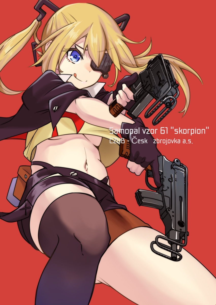 :q asymmetrical_legwear blonde_hair blue_eyes breasts dual_wielding eyepatch female girls'_frontline gun highres holding midriff nakiusagi navel red_background simple_background single_thighhigh skorpion_(girls'_frontline) skorpion_vz._61 smile solo submachine_gun thighhighs tongue tongue_out trigger_discipline underboob weapon