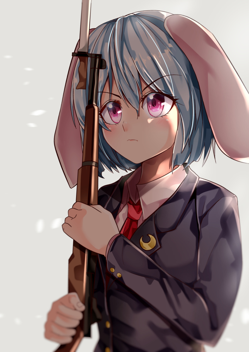 absurdres animal_ears bayonet black_jacket blazer blue_hair blurry blurry_foreground commentary_request crescent crescent_pin dress_shirt expressionless female grey_background gun hair_between_eyes highres holding holding_weapon jacket looking_to_the_side mahoro_(minase_mahoro) necktie partial_commentary pink_eyes rabbit_ears red_necktie reisen_(touhou_bougetsushou) rifle shirt short_hair simple_background solo standing standing_at_attention touhou upper_body weapon white_shirt