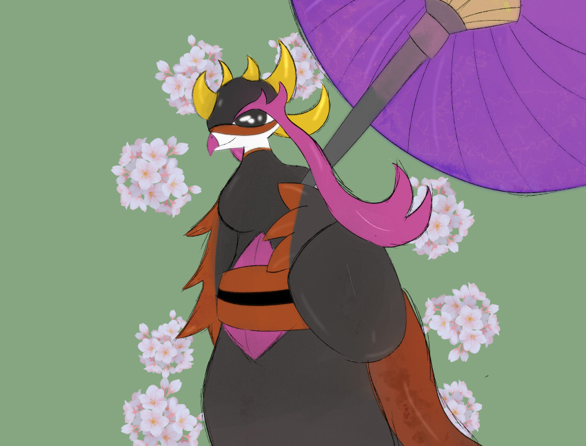 anthro asian_clothing avian beak bird clothing east_asian_clothing feathers female fezandipiti flower generation_9_pokemon hi_res horn japanese_clothing kimono legendary_pokemon looking_at_viewer miyang_draws! multicolored_body multicolored_feathers nintendo plant pokemon pokemon_(species) rule_63 simple_background smile solo umbrella