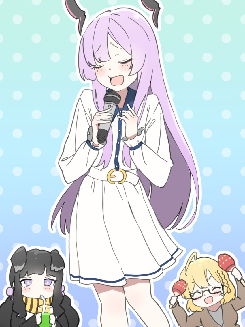 3girls black_jacket blue_archive halo headgear hibiki_(blue_archive) highres hoyhoy_colo instrument jacket kotori_(blue_archive) long_hair long_sleeves maracas microphone multiple_girls music purple_eyes purple_hair singing utaha_(blue_archive) very_long_hair