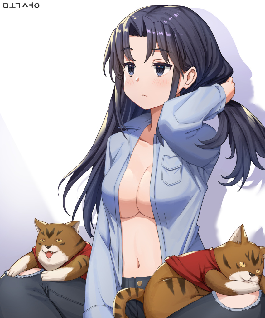 blue_shirt breasts feline female gunparade_march hand_up highres jupiterbark long_hair long_sleeves medium_breasts navel open_clothes open_shirt parted_bangs pocket revealing_clothes shadow shibamura_mai shirt sidelocks sitting white_background