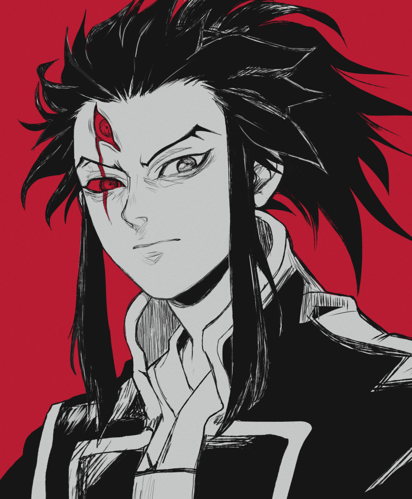 1boy absurdres closed_mouth commentary dororo_(tezuka) florbetriz highres looking_at_viewer male_focus portrait red_background scar scar_across_eye serious sidelocks simple_background solo spiked_hair spoilers spot_color tahoumaru third_eye tsurime v-shaped_eyebrows