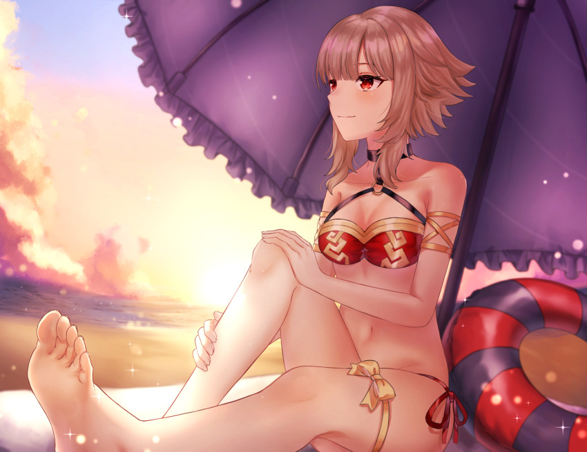 alternate_costume bare_shoulders barefoot beach beach_umbrella bikini breasts commission feet female fire_emblem fire_emblem_heroes foot_out_of_frame grey_hair highres innertube legs navel nei_(aduma1120ponpon) ocean official_alternate_hairstyle red_bikini red_eyes short_hair skeb_commission small_breasts smile soles solo swim_ring swimsuit toes umbrella veronica_(fire_emblem) veronica_(princess_rising)_(fire_emblem)