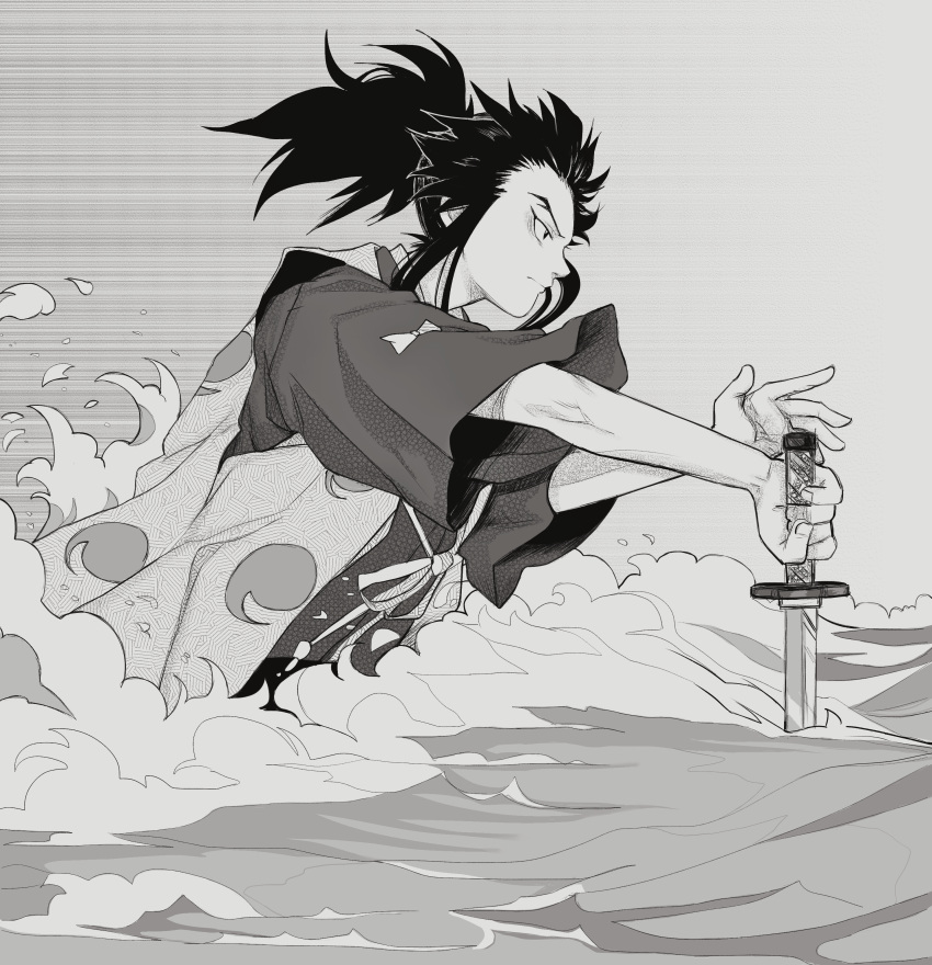 1boy absurdres closed_mouth commentary dororo_(tezuka) florbetriz forehead from_side greyscale highres male_focus monochrome planted planted_sword ponytail serious solo sword tahoumaru tsurime v-shaped_eyebrows water weapon