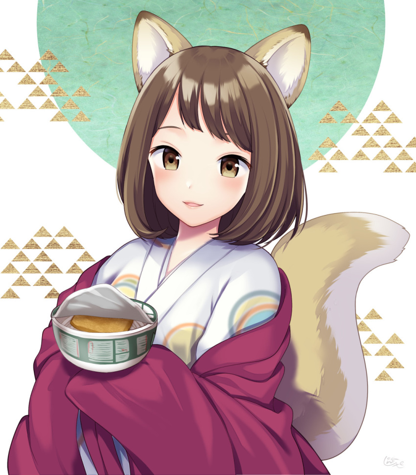 animal_ears blush brown_eyes brown_hair commentary_request cup_ramen donbei_kitsune_udon female food fox_ears fox_girl fox_tail highres instant_udon lips long_hair long_sleeves looking_at_viewer miyano_ururu nissin_donbei original parted_lips short_hair simple_background sleeves_past_fingers sleeves_past_wrists smile solo tail upper_body