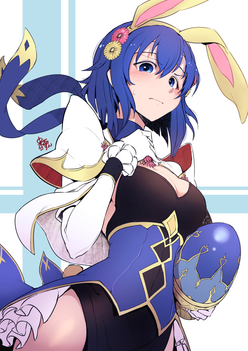 animal_ears blue_eyes blue_hair blush breasts catria_(fire_emblem) catria_(spring)_(fire_emblem) cleavage closed_mouth commentary_request easter_egg egg fake_animal_ears female fire_emblem fire_emblem:_mystery_of_the_emblem fire_emblem_heroes flower gloves hair_flower hair_ornament headband highres holding nakabayashi_zun rabbit_ears short_hair solo white_gloves white_headband