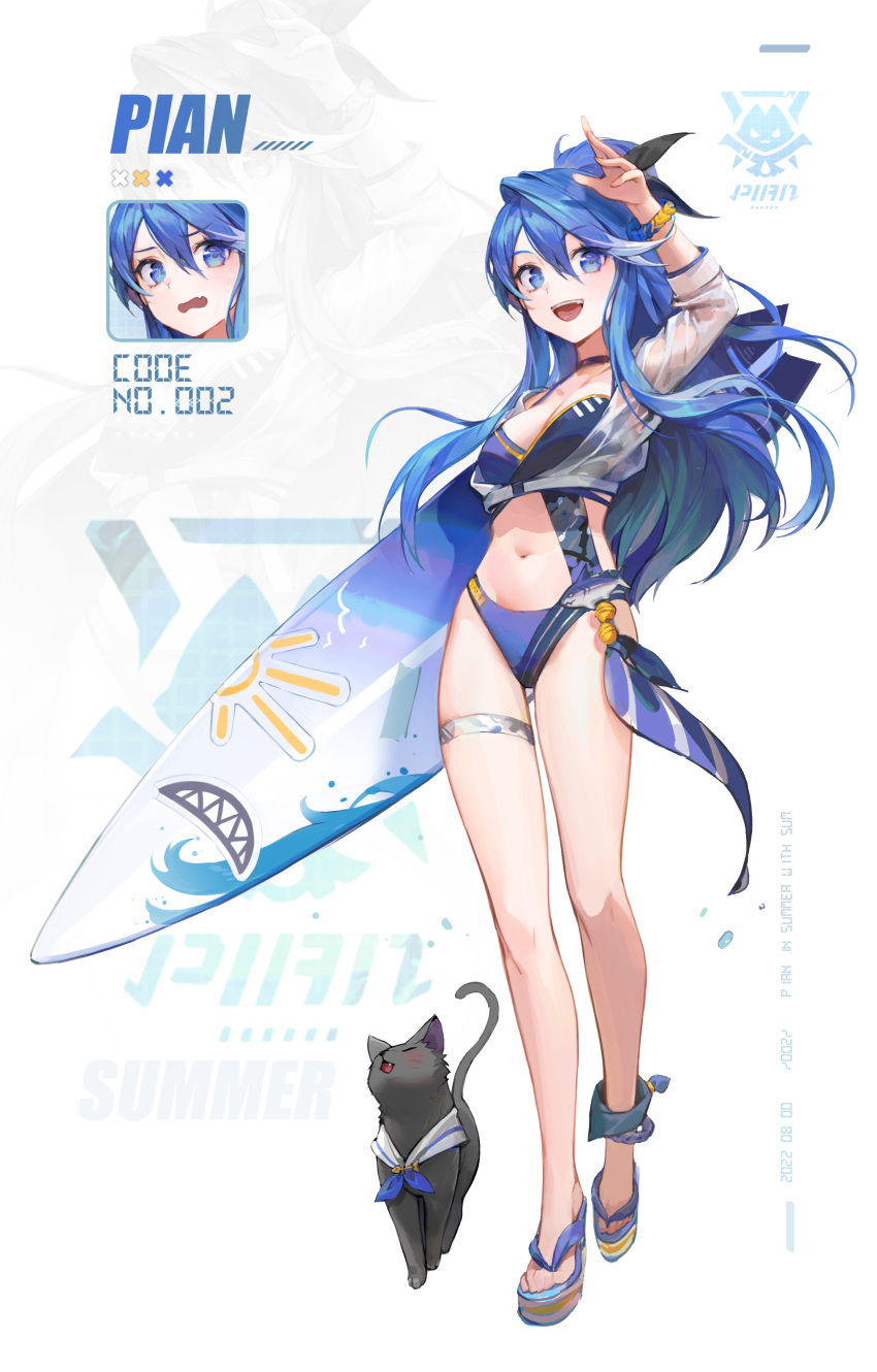 :d absurdres arm_up bare_legs bikini blue_bikini blue_eyes blue_hair bracelet breasts female full_body hair_between_eyes half_updo hansum highres holding holding_surfboard jewelry long_hair long_sleeves medium_breasts navel original sandals see-through smile standing stomach surfboard swimsuit thigh_strap