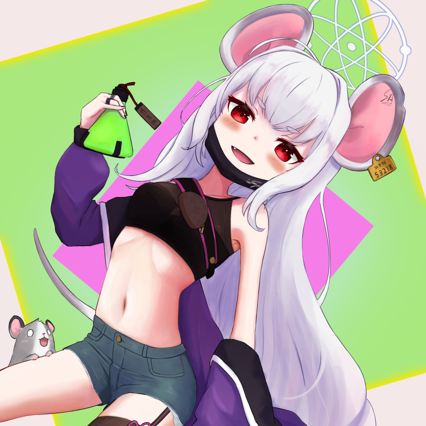 animal_ears bare_arms bare_shoulders blue_archive commentary_request crop_top female halo highres jacket mouse_(animal) mouse_ears purple_jacket saya_(blue_archive) shiroiurushi smile solo unworn_jacket