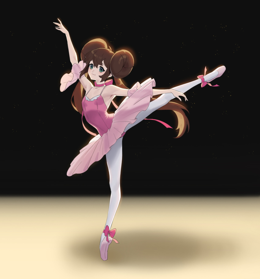 alternate_costume arabesque_(pose) arm_up ballerina ballet ballet_slippers bare_shoulders bow brown_hair choker closed_mouth commentary_request double_bun doughnut_hair_bun en_pointe female flats full_body green_eyes hair_bun highres korean_commentary leg_up leotard leotard_peek long_hair mongguri pantyhose pink_bow pink_choker pink_leotard pink_skirt pokemon pokemon_bw2 rosa_(pokemon) skirt solo standing standing_on_one_leg tiptoes tutu twintails white_pantyhose