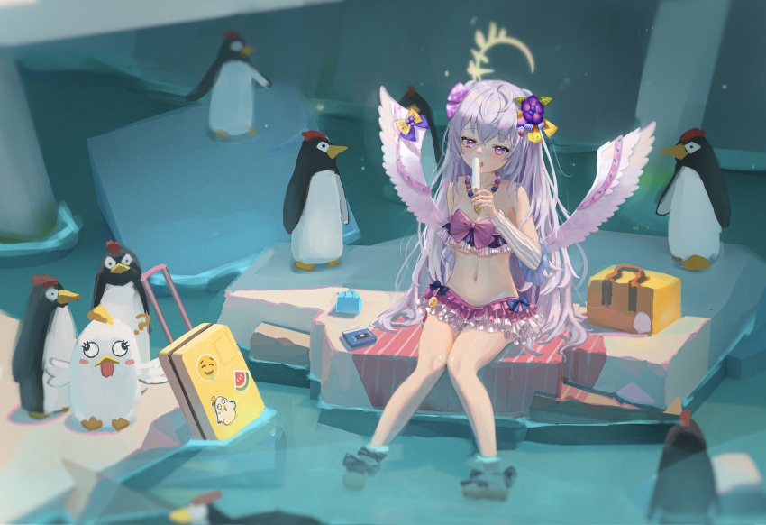 ? absurdres angel_wings azusa_(blue_archive) azusa_(swimsuit)_(blue_archive) bead_necklace beads bikini bird blue_archive blurry bow_on_wing breasts collarbone cowlick depth_of_field eating emoji female flower food frilled_bikini frilled_skirt frills hair_flower hair_ornament halo highres hsch jewelry knees_together_feet_apart long_hair low_wings navel necklace official_alternate_costume penguin pink_eyes popsicle purple_hair rolling_suitcase sitting skirt small_breasts solo sticker strapless strapless_bikini suitcase swimsuit very_long_hair water white_hair white_wings wings