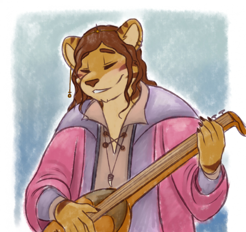 anthro bard brown_hair claws clothed clothing curled_hair digital_media_(artwork) felid fingers fur gabe_(mytigertail) guitar hair hi_res holding_object long_hair lute male mammal medieval medieval_clothing medieval_style musical_instrument mytigertail open_mouth overweight overweight_anthro overweight_male pantherine plucked_string_instrument rpg_world simple_background slightly_chubby smile solo string_instrument tiger