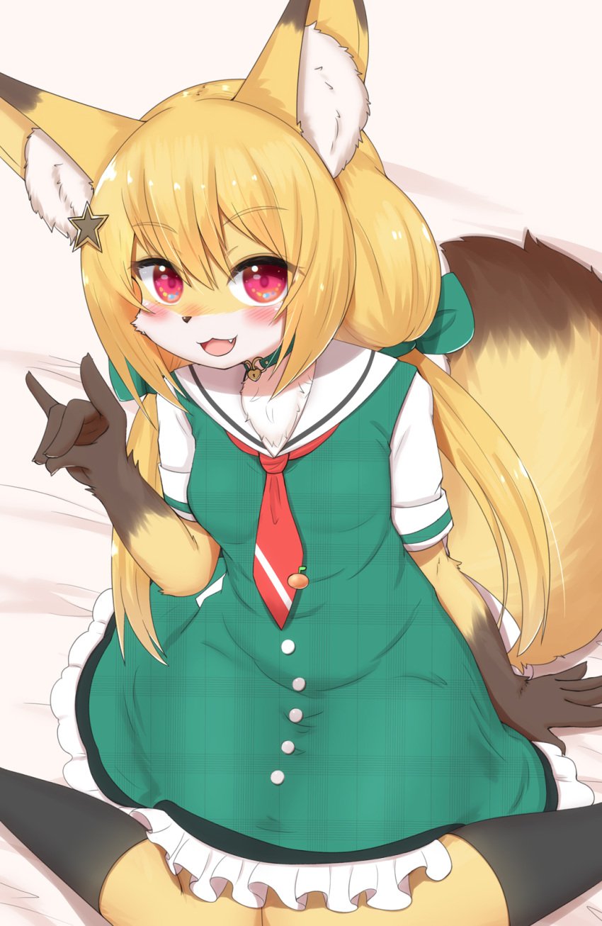 2022 alternative_fashion anthro blonde_hair blush breasts brown_body brown_fur button_(fastener) button_dress canid canine clothed clothing cute_fangs digital_media_(artwork) dipstick_ears dipstick_tail dress ear_markings female female_anthro fluffy fox fox_shadow_puppet fur gesture hair hi_res horokusa0519 inner_ear_fluff j-fashion kemono lolita_(fashion) looking_at_viewer mammal markings multicolored_ears red_eyes sailor_lolita sitting small_breasts solo tail tail_markings tuft wariza white_body white_fur yellow_body yellow_fur