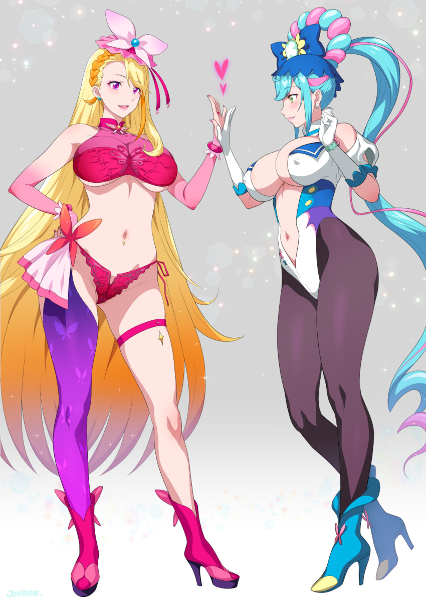 2girls adapted_costume artist_name asymmetrical_bangs big_hair black_pantyhose blonde_hair blue_bow blue_footwear blue_hair bow braid breasts butterfly_hair_ornament cleavage_cutout closed_mouth clothing_cutout commentary crop_top cure_butterfly cure_spicy delicious_party_precure drill_hair earrings elbow_gloves fuwa_kokone gloves green_eyes grey_background hair_ornament hairbow half-skirt half_gloves hand_on_own_hip heart heel_up high_heels highres hijiri_ageha hirogaru_sky!_precure holding_hands in-franchise_crossover jewelry joy_ride large_breasts leotard light_particles long_hair looking_at_another looking_at_viewer magical_girl multicolored_hair multiple_girls navel navel_cutout open_mouth palms_together panties pantyhose pink_footwear pink_gloves pink_hair pink_skirt pleated_skirt precure purple_eyes purple_thighhighs red_panties red_shirt shirt short_sleeves shoulder_cutout side-tie_panties side_ponytail signature single_thighhigh skirt smile sparkle standing streaked_hair thigh_strap thighhighs underboob underwear very_long_hair white_leotard