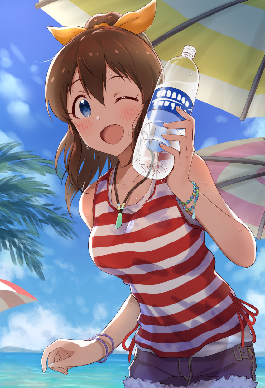 absurdres beach blue_eyes blush bottle bracelet breasts brown_hair cowboy_shot dani-ikapi denim denim_shorts female highres holding holding_bottle idolmaster idolmaster_million_live! idolmaster_million_live!_theater_days jewelry large_breasts looking_at_viewer ocean one_eye_closed open_mouth outdoors parasol ponytail satake_minako shirt short_shorts shorts sleeveless solo striped_clothes striped_shirt sweat umbrella water_bottle