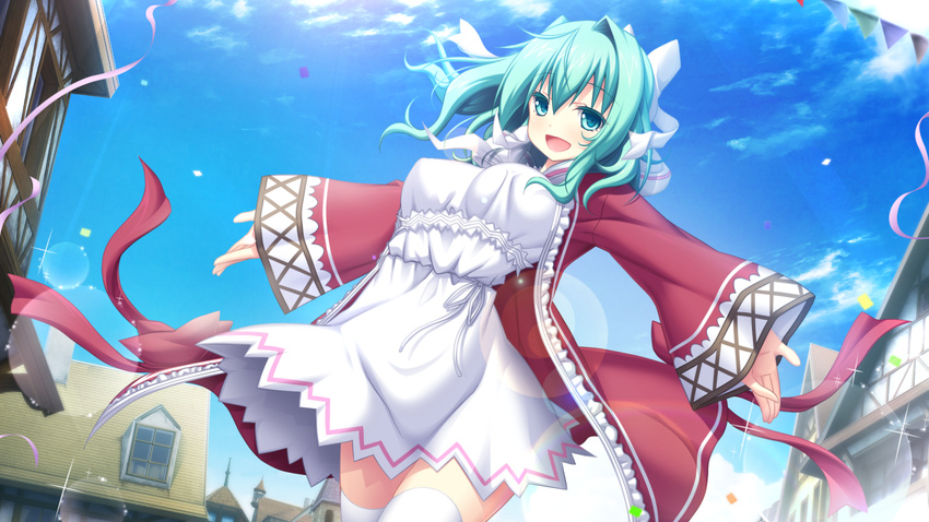 aqua_eyes aqua_hair female female game_cg happy ikusa_megami_(series) long_sleeves looking_at_viewer mitsuki open_mouth saria_(ikusa_megami) skirt sleeves_past_wrists smile solo sunbeam teal_hair tenbin_no_la_dea_~ikusa_megami_memoria~ thighhighs zettai_ryouiki