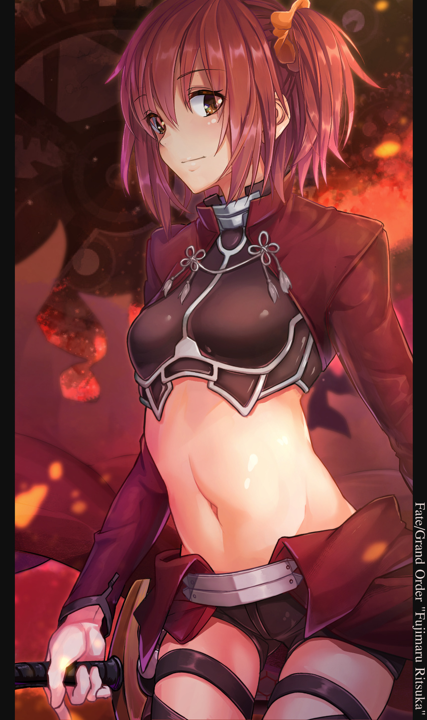 archer_(fate) archer_(fate)_(cosplay) armor ass_visible_through_thighs black_shorts blush breastplate breasts character_name chloe_von_einzbern chloe_von_einzbern_(cosplay) closed_mouth commentary_request copyright_name cosplay cowboy_shot dagger fate/grand_order fate/kaleid_liner_prisma_illya fate_(series) female fujimaru_ritsuka_(female) gears hair_ornament hair_scrunchie highres holding holding_weapon knife long_sleeves looking_at_viewer midriff navel one_side_up orange_scrunchie pillarboxed red_eyes red_hair reverse_grip scrunchie shiny_skin short_hair short_shorts shorts shuutou_haruka small_breasts smile standing stomach tareme tassel thigh_strap waist_cape weapon