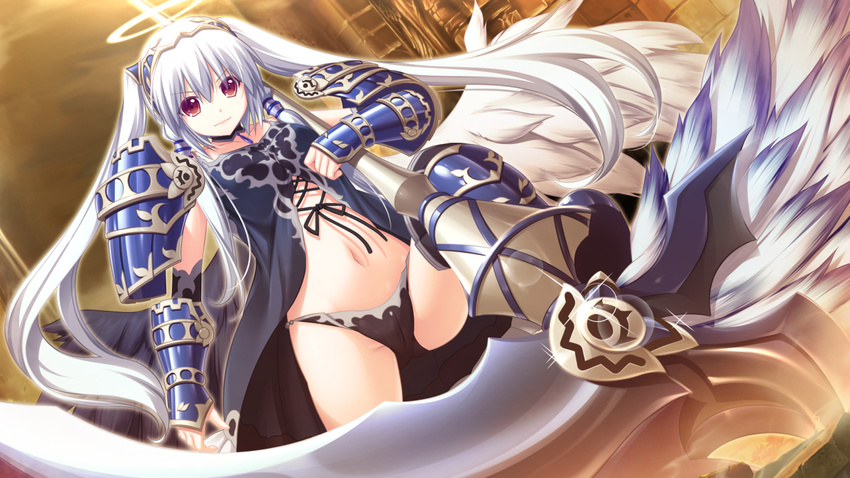 armor collarbone female female game_cg ikusa_megami_(series) long_hair metisana_(ikusa_megami) midriff mitsuki navel red_eyes smile solo tenbin_no_la_dea_~ikusa_megami_memoria~ twintails weapon white_hair wings