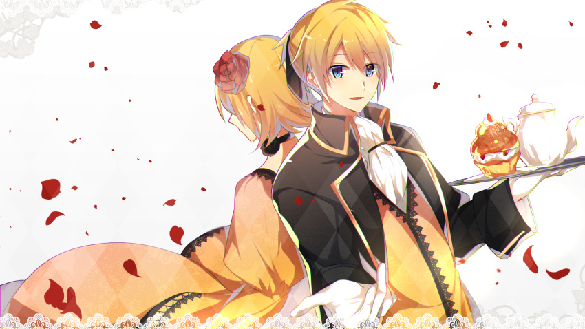 1boy aku_no_meshitsukai_(vocaloid) allen_avadonia anniversary argyle_background ascot back back-to-back black_jacket black_ribbon blazer blonde_hair blue_eyes brioche brother_and_sister cake choker commentary_request dress evillious_nendaiki female flower food gloves gold_trim hair_ribbon highres holding holding_tray jacket kagamine_len kagamine_rin lace lace-trimmed_dress lace_trim looking_at_viewer open_mouth outstretched_hand pastry petals reaching reaching_towards_viewer ribbon riliane_lucifen_d'autriche rose short_hair siblings smile teapot tray twins vocaloid white_gloves yellow_dress yellow_jacket yuken_52