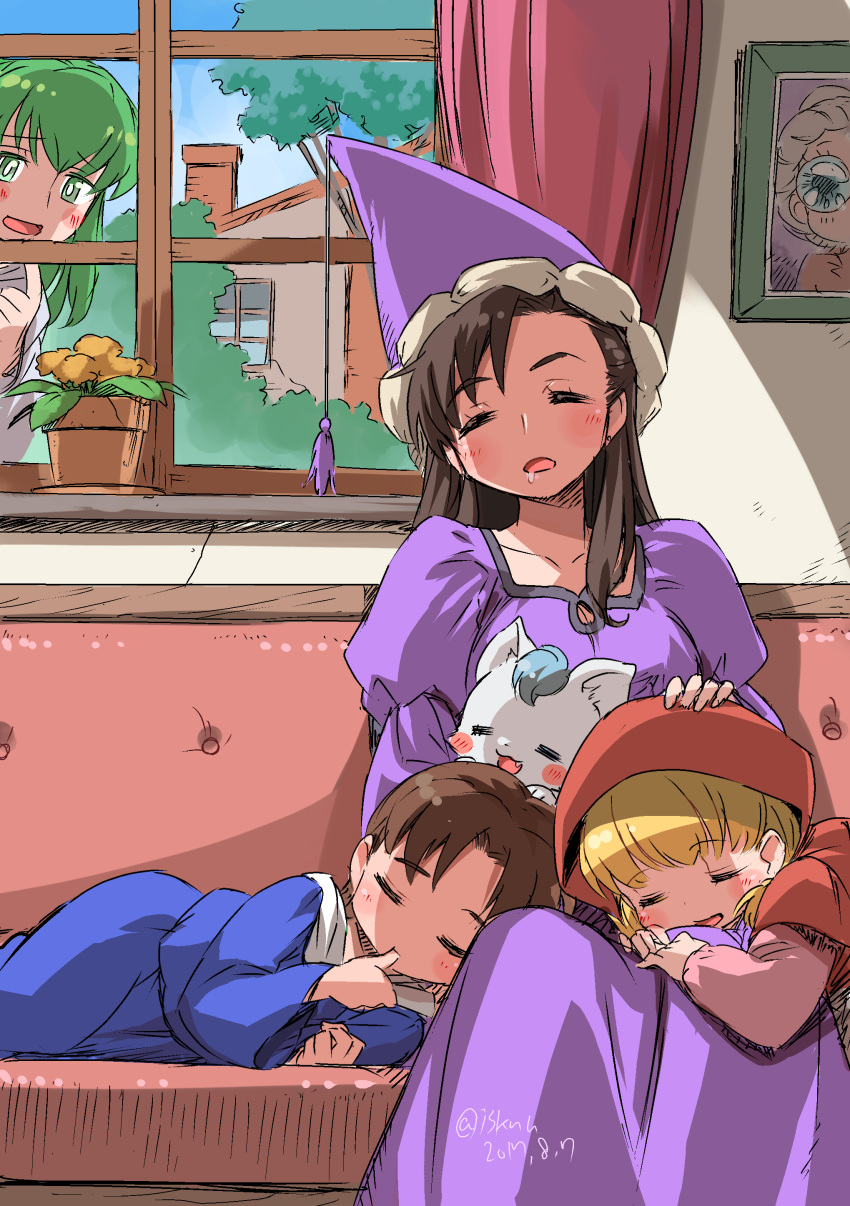 2girls 3boys absurdres akazukin_chacha black_hair blonde_hair chacha_(akazukin_chacha) closed_eyes commentary_request curtains dorothy_(akazukin_chacha) dress drooling green_eyes green_hair hat highres hood indoors isedaichi_ken lap_pillow long_hair multiple_boys multiple_girls oerba_yun_fang pointy_hat red_hood riiya_(akazukin_chacha) seravi_(akazukin_chacha) shiine_(akazukin_chacha) sleeping thumb_sucking urara_(akazukin_chacha) window wolf