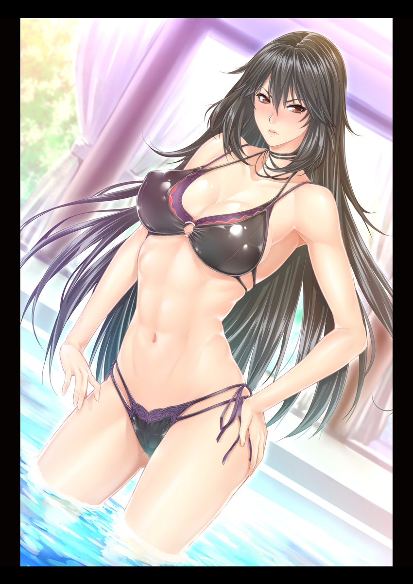 abs absurdres bad_id bad_pixiv_id bikini black_border black_hair blush border breasts brown_eyes cleavage dutch_angle female frown hand_on_own_hip highres infinite_stratos large_breasts layered_bikini long_hair looking_at_viewer midriff navel o-ring o-ring_top orimura_chifuyu shiny_skin side-tie_bikini_bottom skindentation solo swimsuit toned wading water zucchini