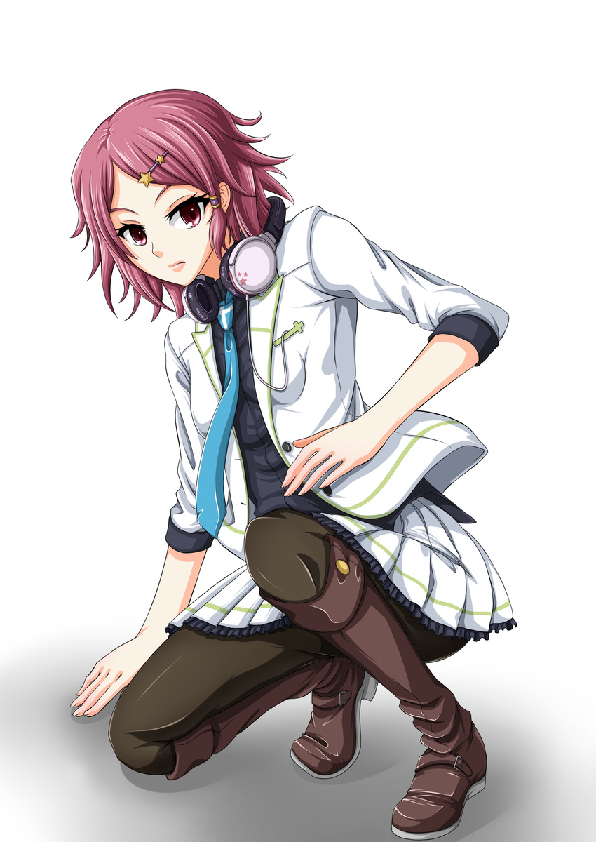 absurdres black_pantyhose commentary_request female hair_ornament headphones headphones_around_neck highres minase_koito musaigen_no_phantom_world pantyhose pleated_skirt red_eyes red_hair school_uniform short_hair skirt solo white_skirt yuhata_yatsuka