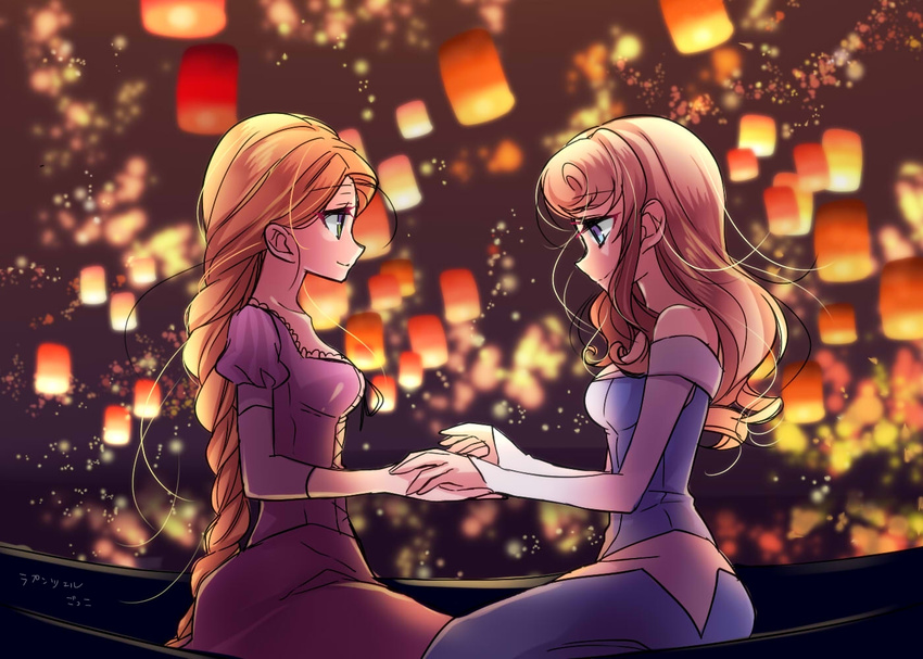 aurora_(disney) bare_shoulders blonde_hair blue_dress blue_eyes braid breasts cleavage company_connection crossover disney dress kokuchuutei long_hair looking_at_another medium_breasts multiple_girls profile purple_dress rapunzel_(disney) single_braid sleeping_beauty smile tangled very_long_hair