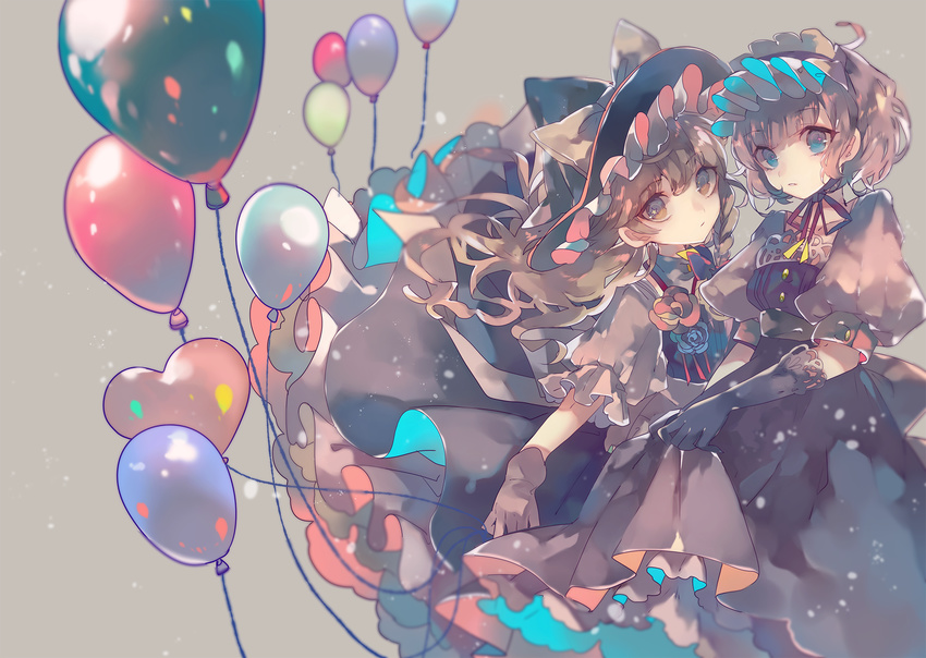 2girls alice_margatroid balloon blurry bow braid cha_goma commentary_request dress flower frills gloves hat headband highres kirisame_marisa long_hair looking_at_viewer multiple_girls puffy_short_sleeves puffy_sleeves rose short_hair short_sleeves touhou witch_hat